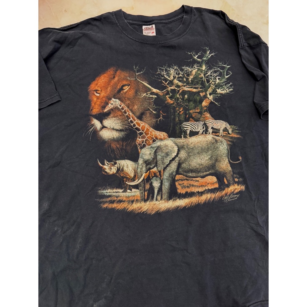 Vintage 90s Animal Cliff Bonnie Safari Graphic T-Shirt Black 3XL Lion Elephant